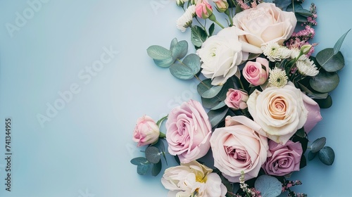 a bridal flower arrangement featuring roses in a variety of pastel colors, beautifully arranged in a top view, flat lay composition, perfect for inspiring brides to be. SEAMLESS PATTERN.