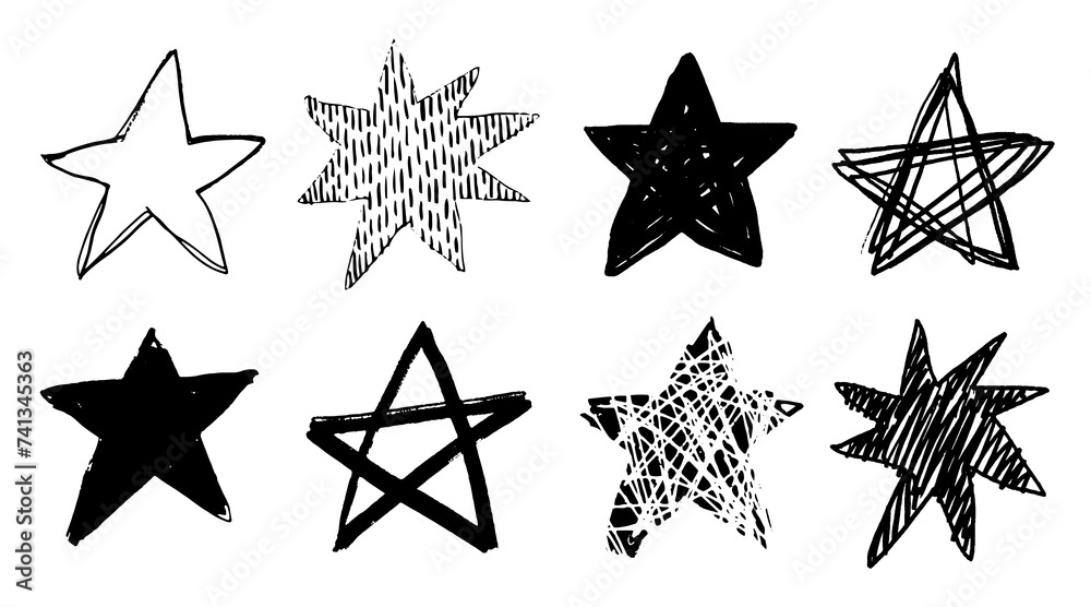 Set of black doodle style stars drawn by hand. Grunge scrawls, charcoal ...