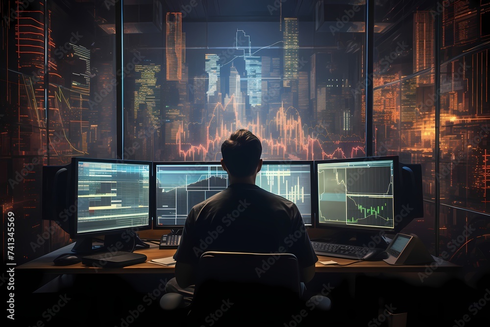 A trader immersed in data analysis, surrounded by screens displaying intricate stock market patterns against a minimalist, modern backdrop. - obrazy, fototapety, plakaty 