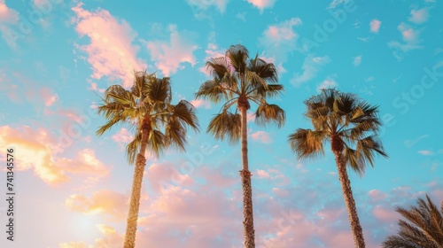 Three palm trees stand against a pastel sunset sky, embodying tropical scenery, vacation, and serene landscapes. © mashimara