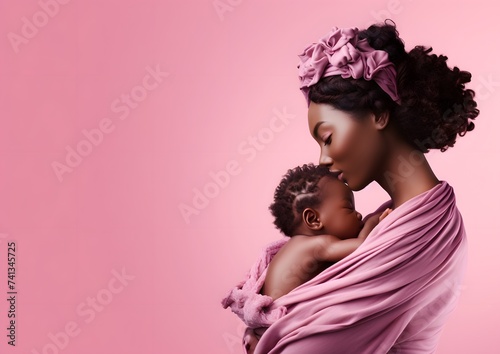 Black Mother Embracing Baby on Pink Background