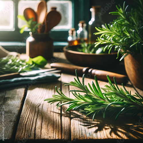 Rosemary plant in a wooden bowl on the table
 photo