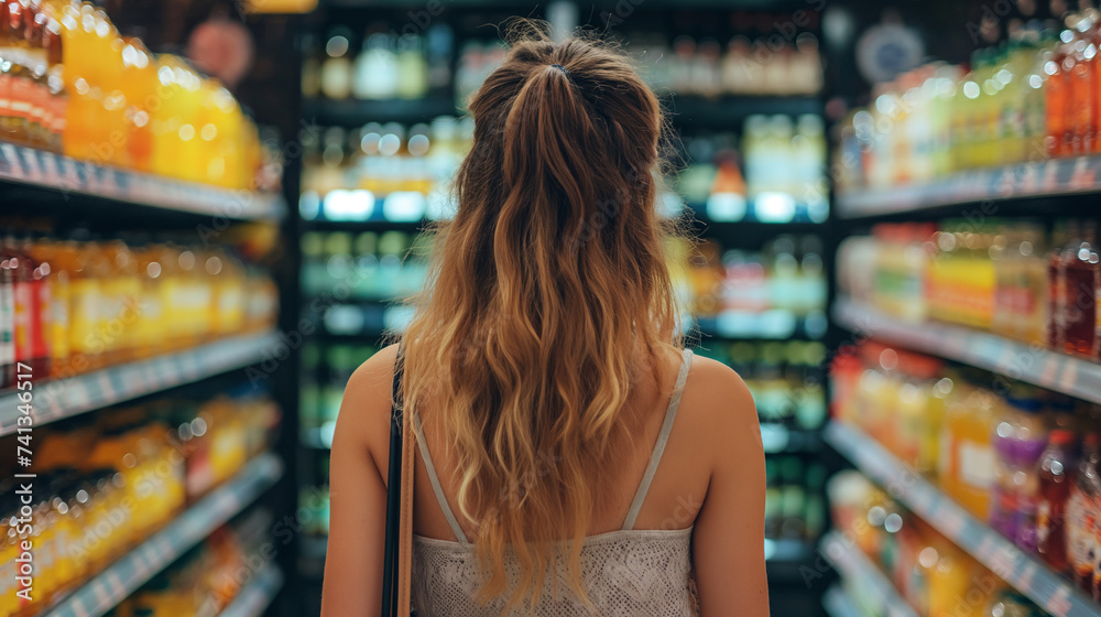 a girl shopping in a supermarket and purchasing food from the store