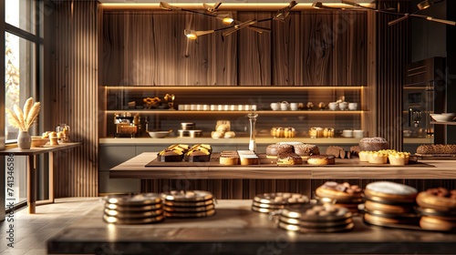 a bakery on a long table against a modern kitchen background, adorned with gold and brown colors to evoke luxury, offering ample copy space. © lililia