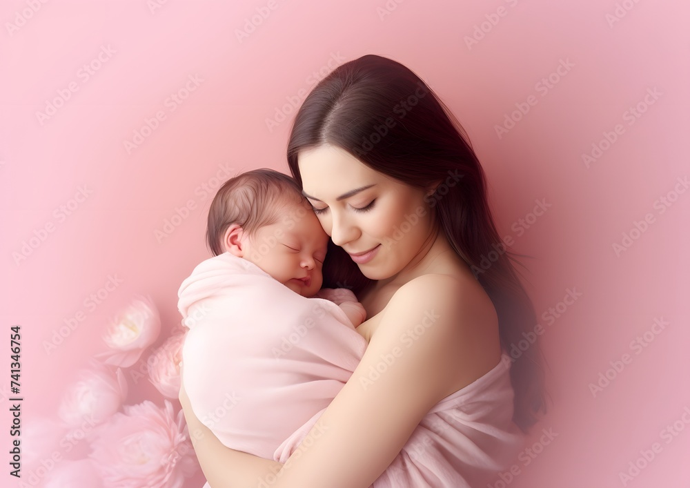 Woman Holding Baby on Pink Background Woman Holding Baby on Pink Background