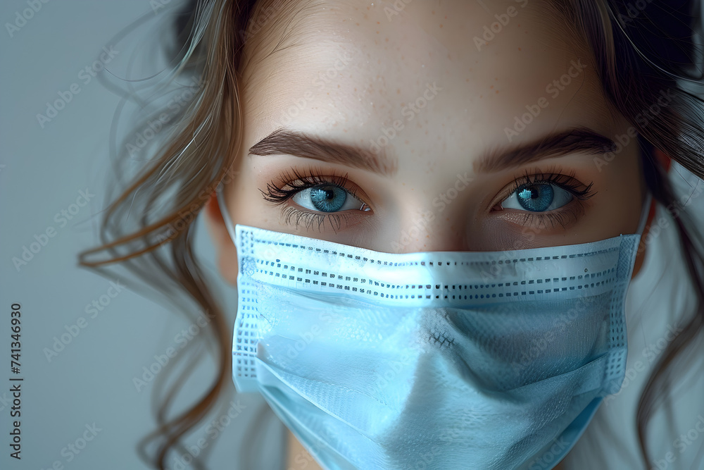 Modern Woman in Soft-Focused Realism Wearing a Surgical Mask - obrazy, fototapety, plakaty 