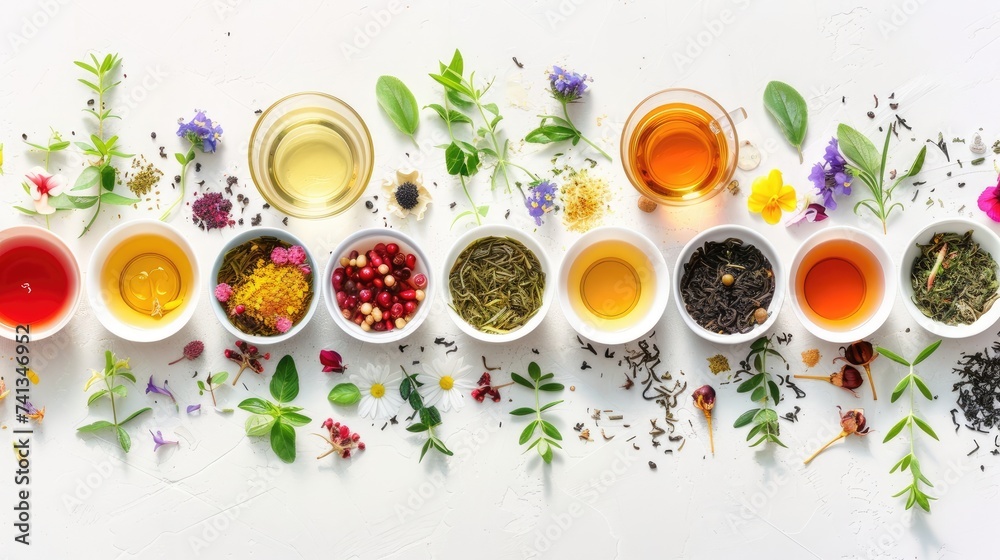 cups of various teas including green, black, fruit, and herbal tea on a white background, inviting viewers to indulge in a sensory journey of tea exploration. - obrazy, fototapety, plakaty 