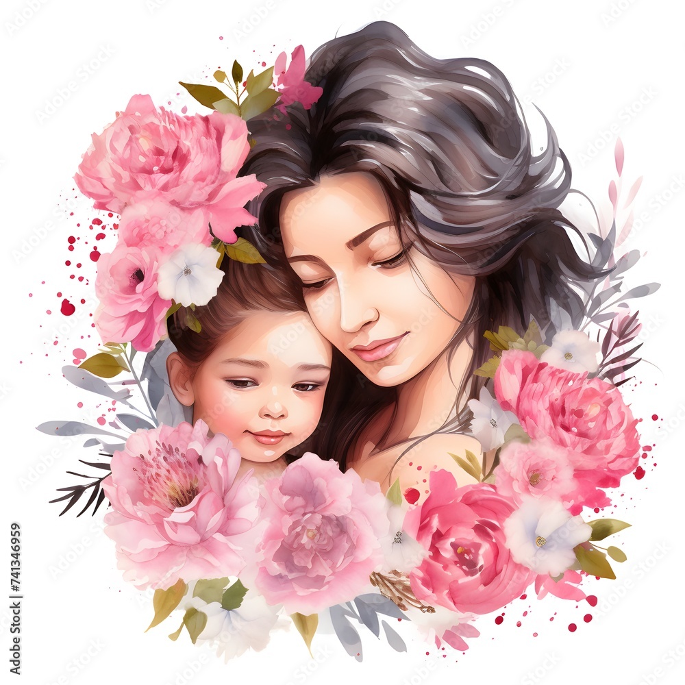 Tender Mother and Daughter Embrace Surrounded by Watercolor Flowers