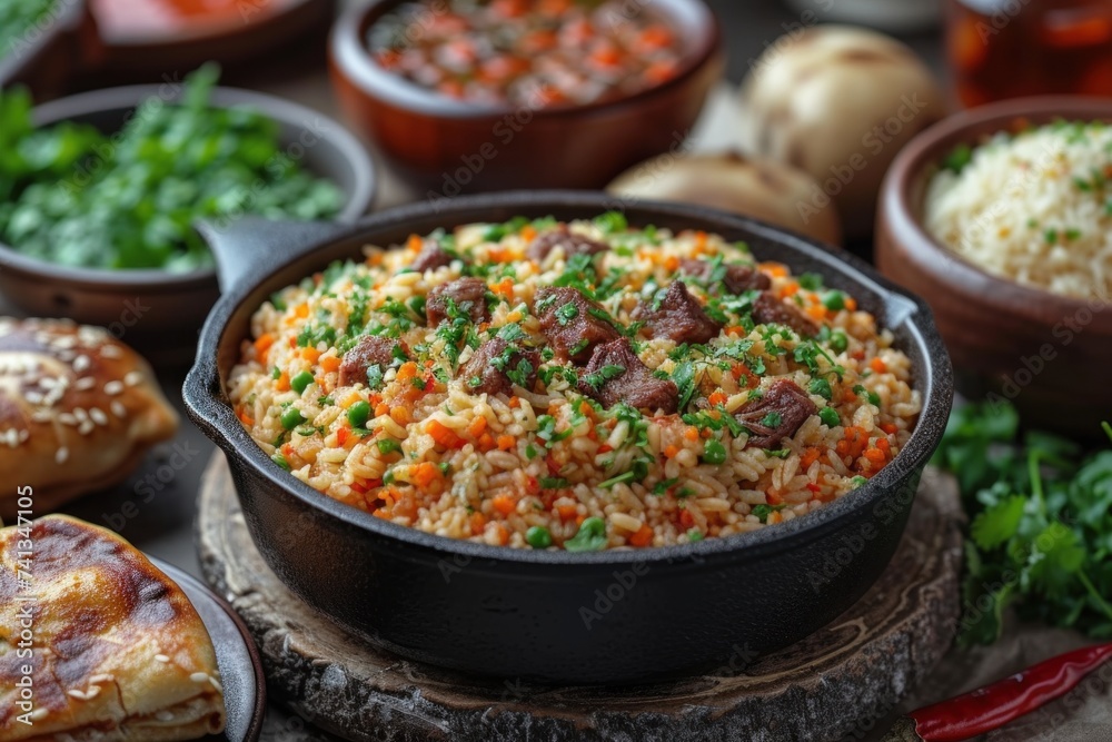A flavorful Hyderabadi biriyani dish served in a pan on a wooden table A flavorful Hyderabadi biriyani dish served in a pan on a wooden table