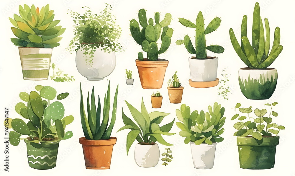 Fototapeta premium Watercolor plants in pots collection on white background, Generative AI