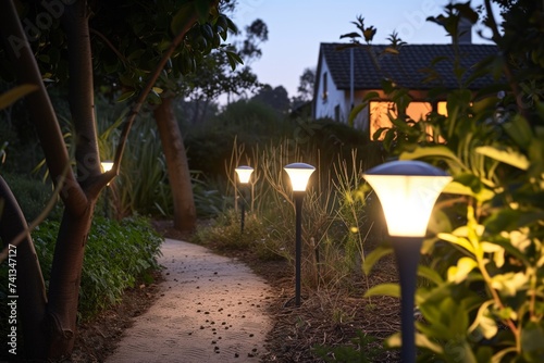 bright solar lamps along a garden path with a house in view