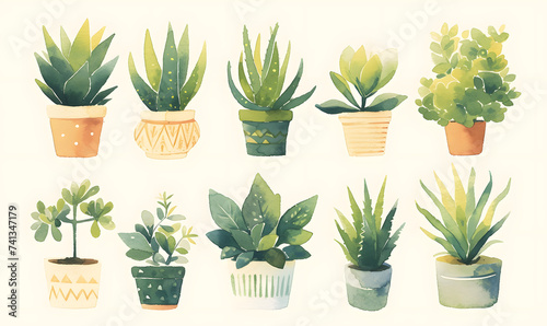 Watercolor plants in pots collection on white background, Generative AI photo