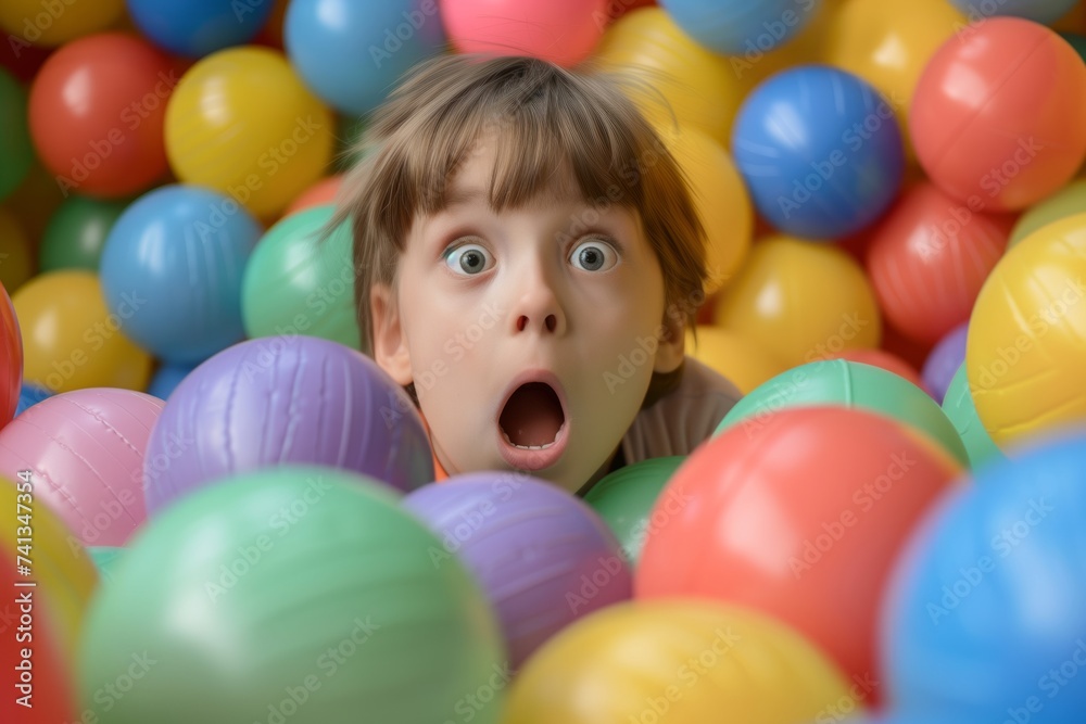 Obraz premium kid popping up from ball pit with wide surprised eyes