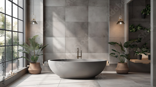 modern contemporary bathroom with gray tiles and grey tub  in the style of white and beige  new contemporary