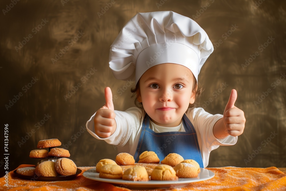 kid with chef hat and apron, thumbs up over a plate of cookies kid with chef hat and apron, thumbs up over a plate of cookies