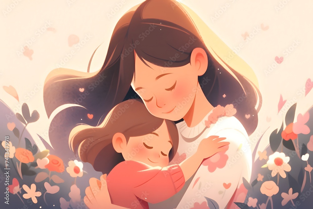 Tender Embrace Between Mother and Child in a Blossoming Garden on Mothers Day Tender Embrace Between Mother and Child in a Blossoming Garden on Mothers Day