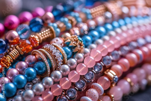 Up close view of a variety of vibrant bracelets adorned with diverse accessories. photo