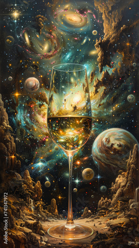 a wine glass under the stars with galaxy dotted with stars  in the style of psychedelic tableaux  metafictional