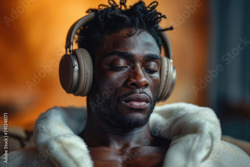 Man enjoying music with closed eyes wearing headphones Generative AI image photo