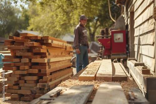 man standing by a sawmill with a stack of finished wood planks