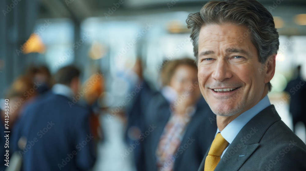 Sharp Dressed Man in Foreground with Professional Team in Background, Smiling Leadership in Business Attire in Diverse Corporate Setting, Conveying Teamwork and Corporate Culture Sharp Dressed Man in Foreground with Professional Team in Background, Smiling Leadership in Business Attire in Diverse Corporate Setting, Conveying Teamwork and Corporate Culture