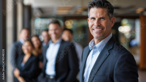 Sharp Dressed Man in Foreground with Professional Team in Background, Smiling Leadership in Business Attire in Diverse Corporate Setting, Conveying Teamwork and Corporate Culture