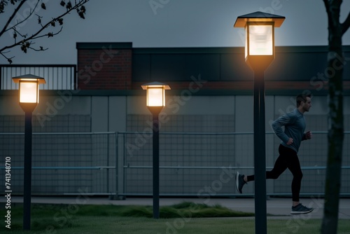 man jogging past outdoor motionactivated floodlights photo