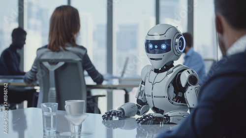 Futuristic Concept: Humanoid Robot Engaging in Professional Meeting in Modern Office Space, Discussion with Male and Female Colleagues, Advanced Robotics, Technology and AI in Work Place