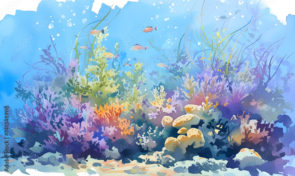 Naklejka premium watercolour painting of the underwater ocean reef landscape, Generative AI