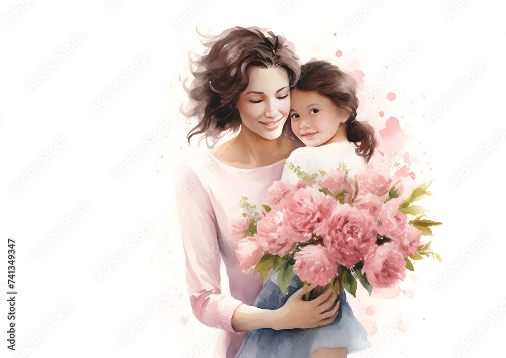 Loving Embrace Between Mother and Child With Bouquet on Mothers Day Loving Embrace Between Mother and Child With Bouquet on Mothers Day