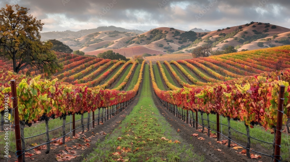 Colorful autumn vineyard with rows of grape vines turning red and gold, set against rolling hills in the background