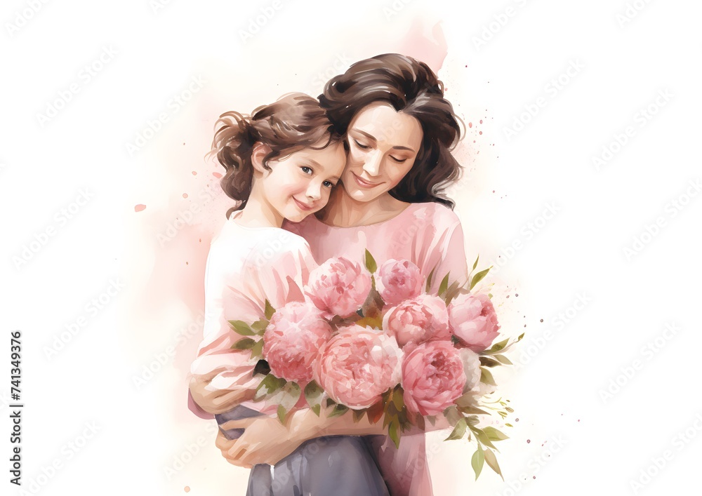 Loving Embrace Between Mother and Child With Bouquet on Mothers Day Loving Embrace Between Mother and Child With Bouquet on Mothers Day