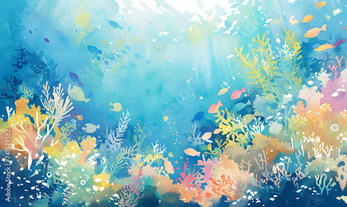 Fototapeta Naklejka Na Ścianę i Meble -  watercolour painting of the underwater ocean reef landscape, Generative AI
