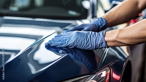 Car Service Employee Washing Car: Hands in Rubber Gloves photo