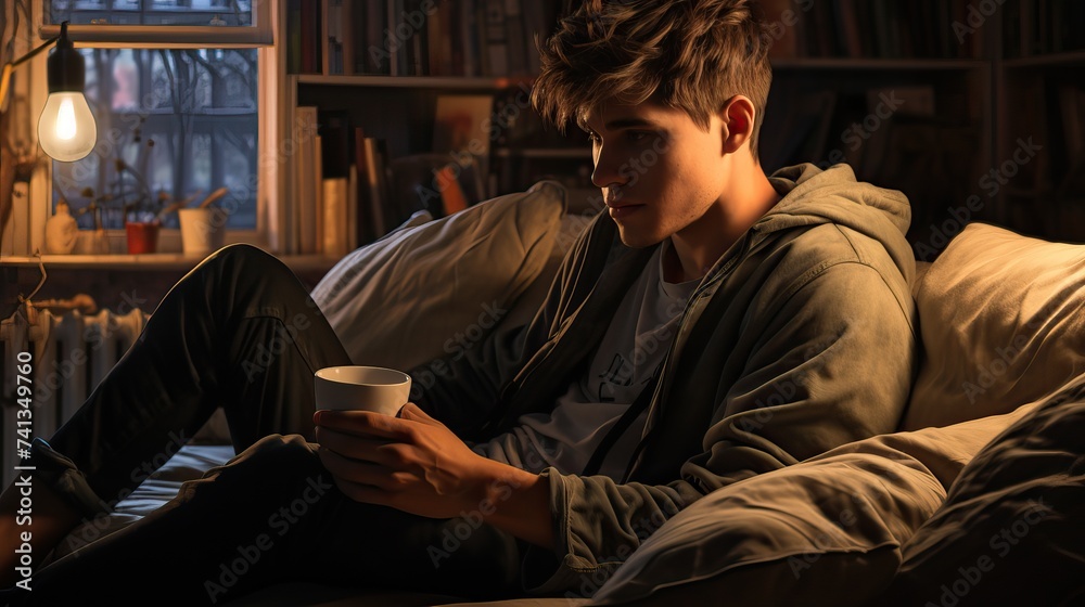 Relaxing Teenager: Young Man Lounging on Sofa with Coffee