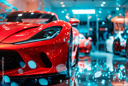 New red cars display in luxury showroom with light bokeh in motor show event