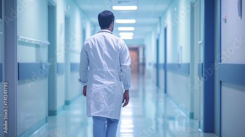 A man physician strolling through hospital hallway. photo