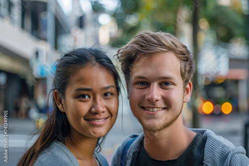Two young, attractive students in the city, facing the camera