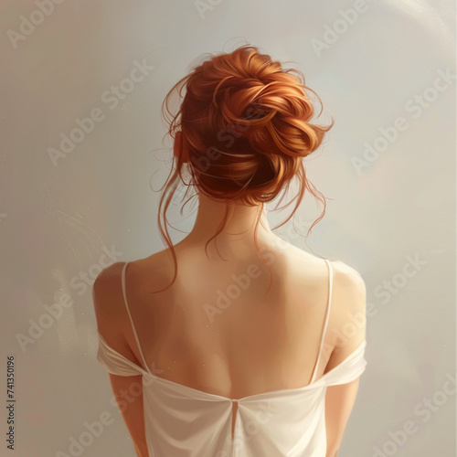 woman from behind, wishful, breeze in her hair, low bun, messy little hair, whe is wearing white slip dress, she has ginger light brown hair, her head is tilted upwards and to the side photo