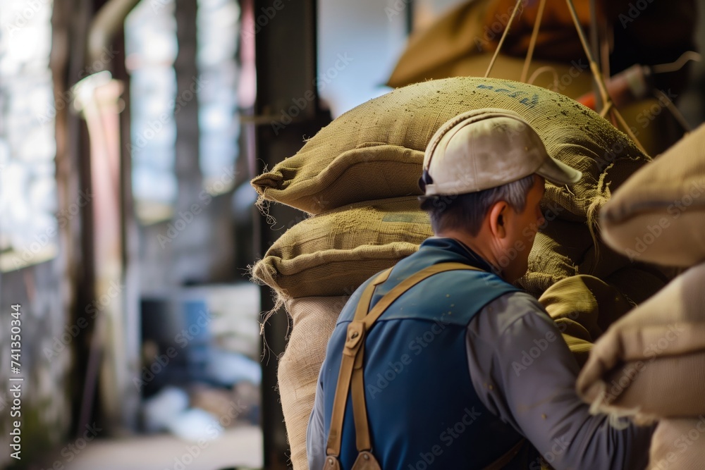 profile of a worker carrying malt bags in a distillery
