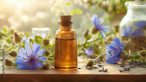 jar with essential oil extract of chicory oil on a wooden background