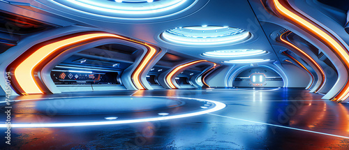 Futuristic Blue Space Tunnel, Modern Neon Corridor with Abstract Light and Architecture Design © Real