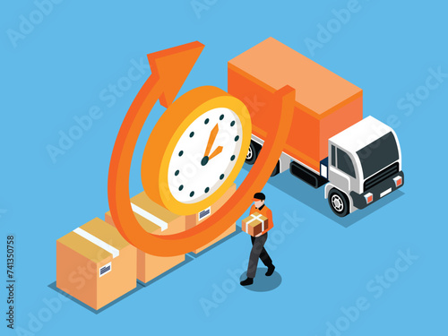 Shipping fast delivery truck with clock. Online delivery service. Express delivery 3d isometric vector illustration