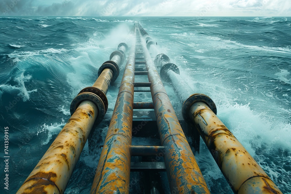 Offshore pipeline network in deep blue seas - obrazy, fototapety, plakaty 