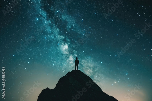 Fotobehang A silhouette of a person stargazing on a mountaintop