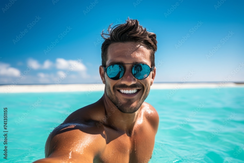 Portrait of handsome young man in sunglasses on a tropical beach.