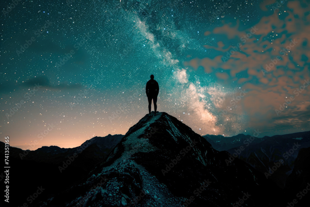 A silhouette of a person stargazing on a mountaintop