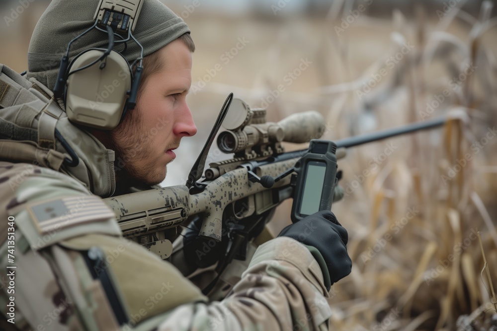 sniper checking wind direction with a handheld device