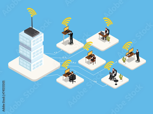 Business people working wireless at their desk station 3d isometric vector illustration