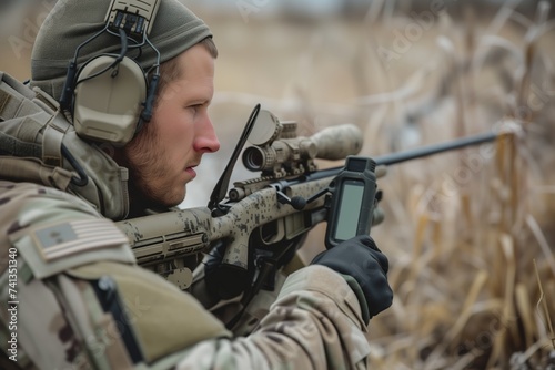 sniper checking wind direction with a handheld device
